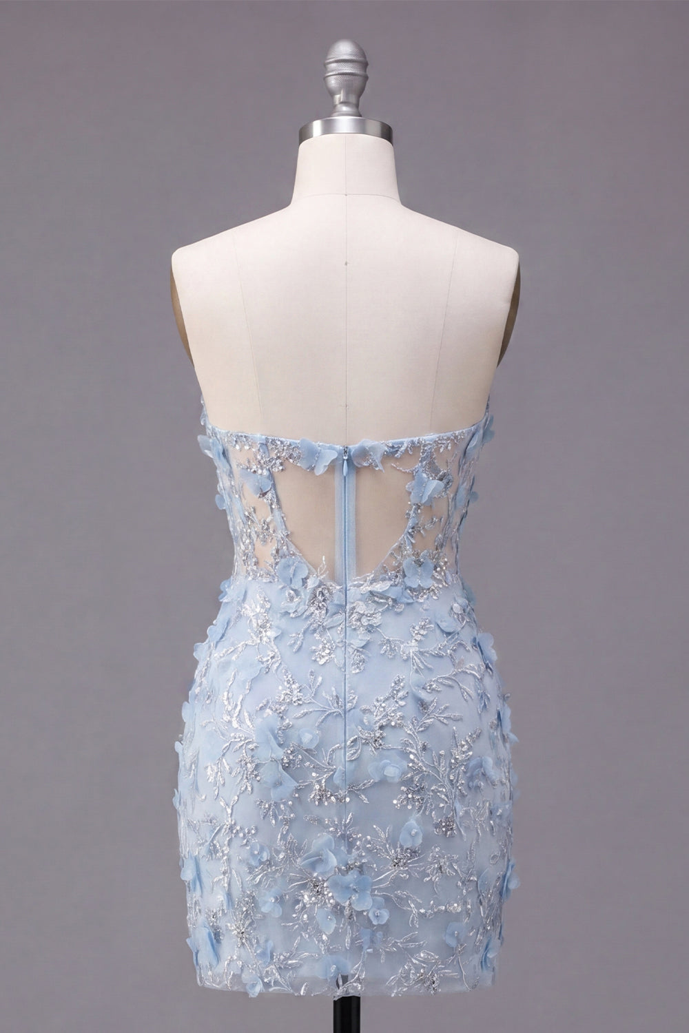 Sparkly Blue Corset Floral Tight Short Strapless Homecoming Dress with Beading