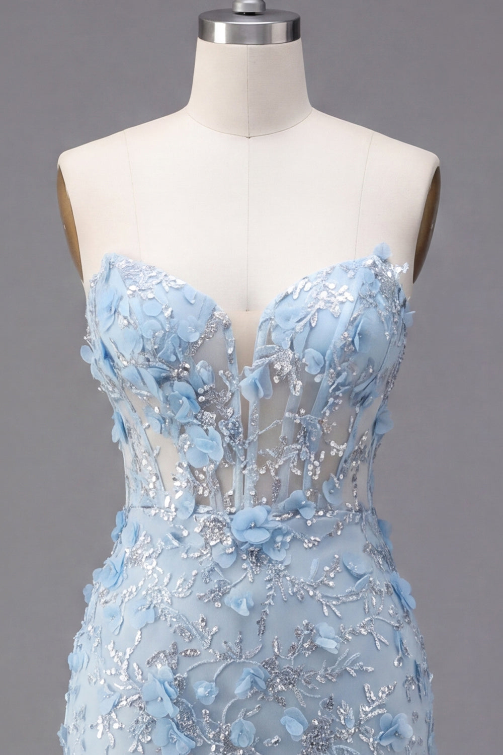 Sparkly Blue Corset Floral Tight Short Strapless Homecoming Dress with Beading