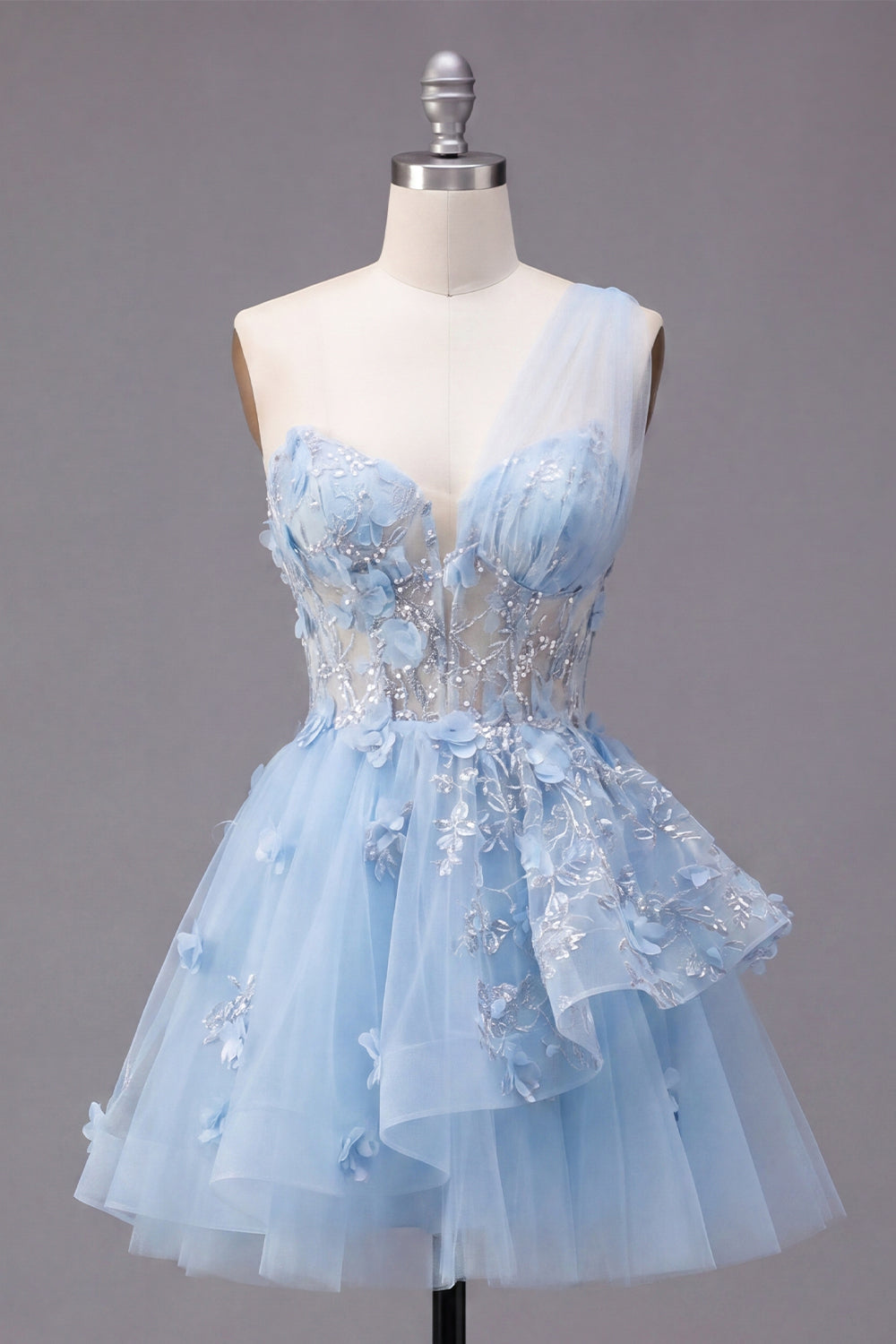 Sparkly Blue Beaded Corset Floral A Line Short Homecoming Dress with Ruffles