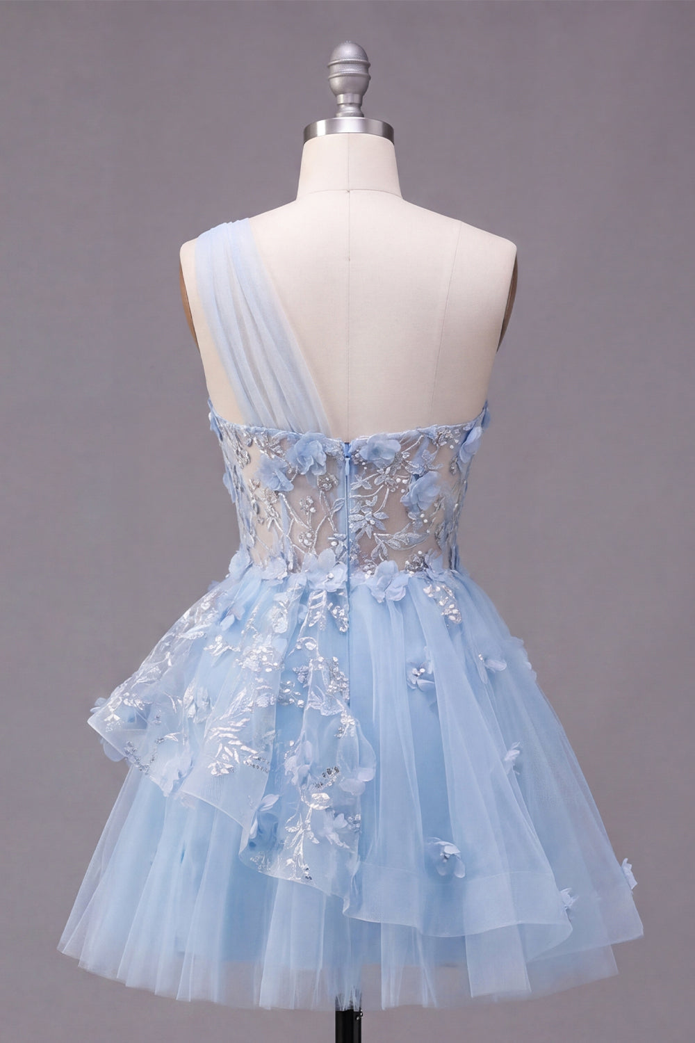 Sparkly Blue Beaded Corset Floral A Line Short Homecoming Dress with Ruffles