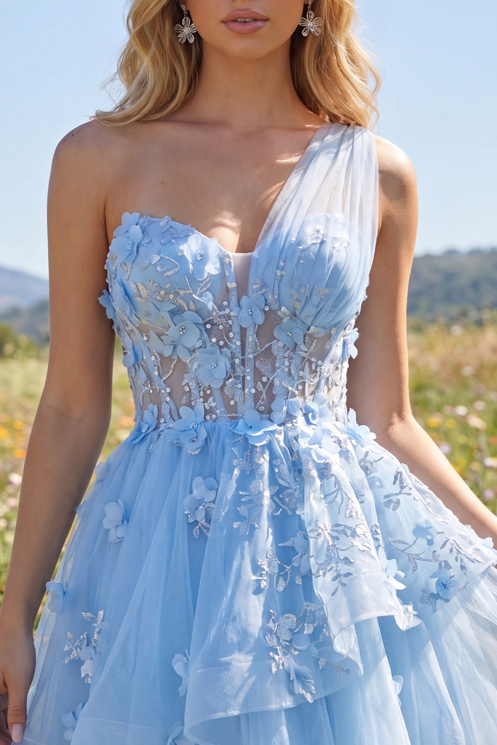 Sparkly Blue Beaded Corset Floral A Line Short Homecoming Dress with Ruffles