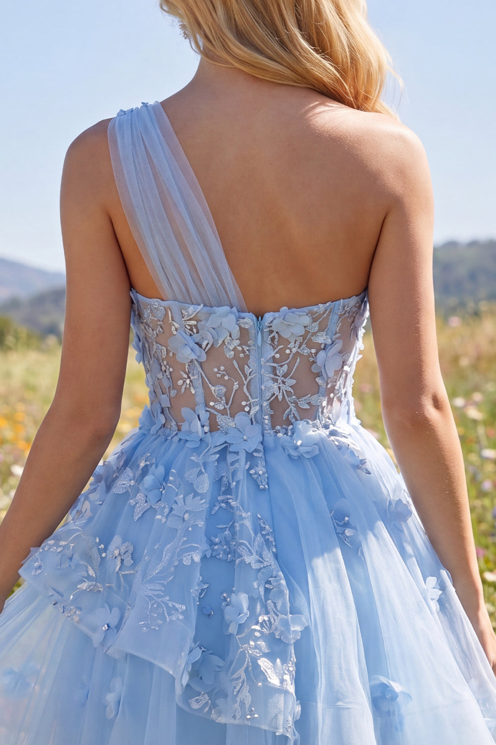 Sparkly Blue Beaded Corset Floral A Line Short Homecoming Dress with Ruffles