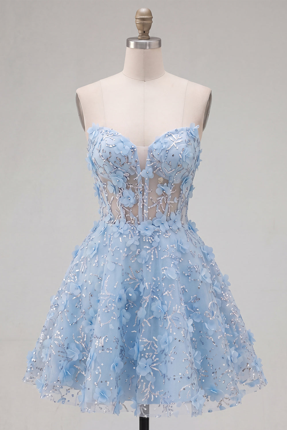 Sparkly Blue A Line Floral Short Corset Strapless Homecoming Dress with Beading