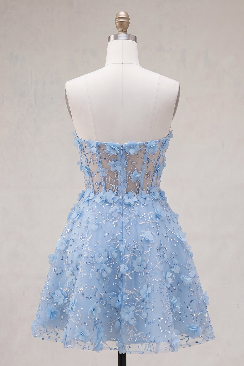 Sparkly Blue A Line Floral Short Corset Strapless Homecoming Dress with Beading