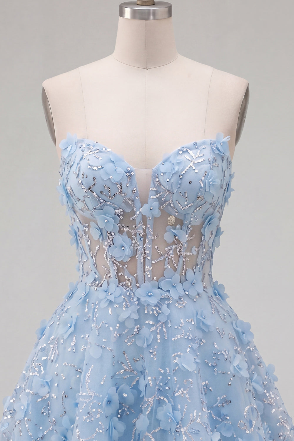 Sparkly Blue A Line Floral Short Corset Strapless Homecoming Dress with Beading