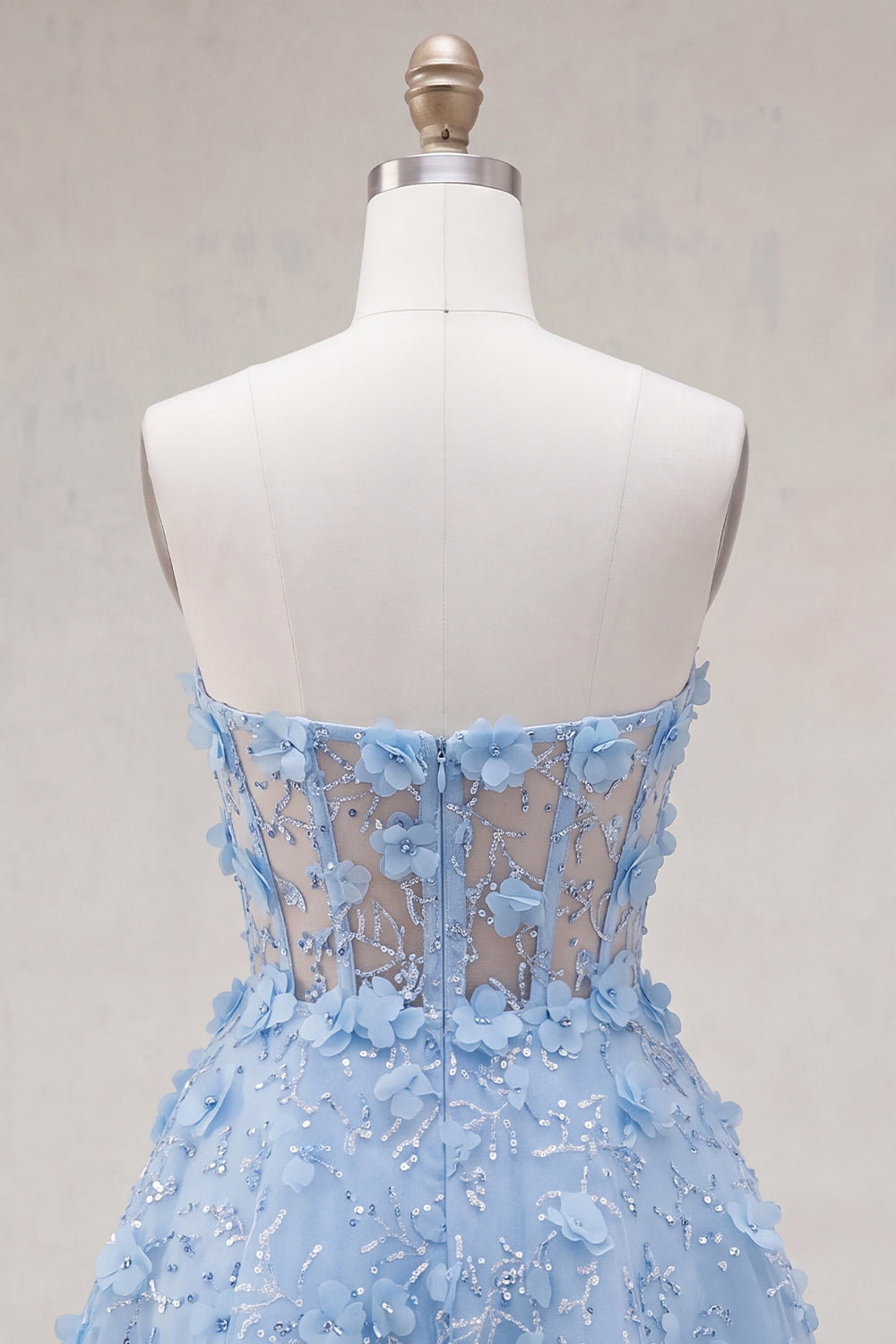 Sparkly Blue A Line Floral Short Corset Strapless Homecoming Dress with Beading