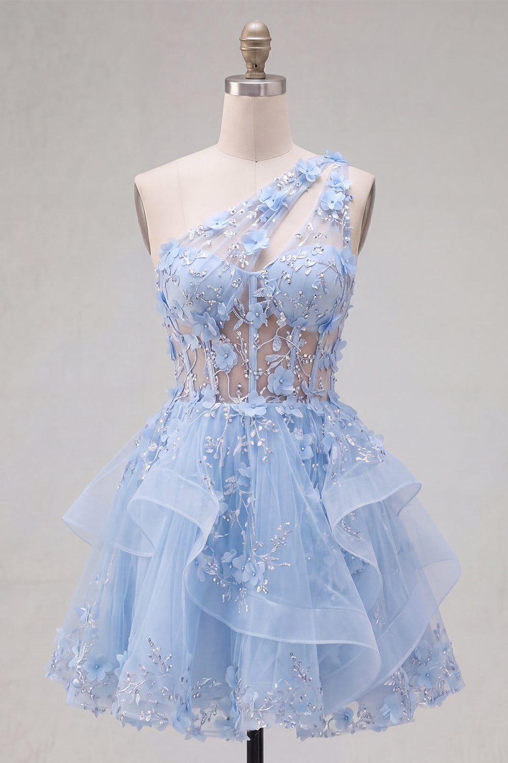 Sparkly Blue Keyhole Beaded Short Corset Floral A Line Homecoming Dress with Ruffles
