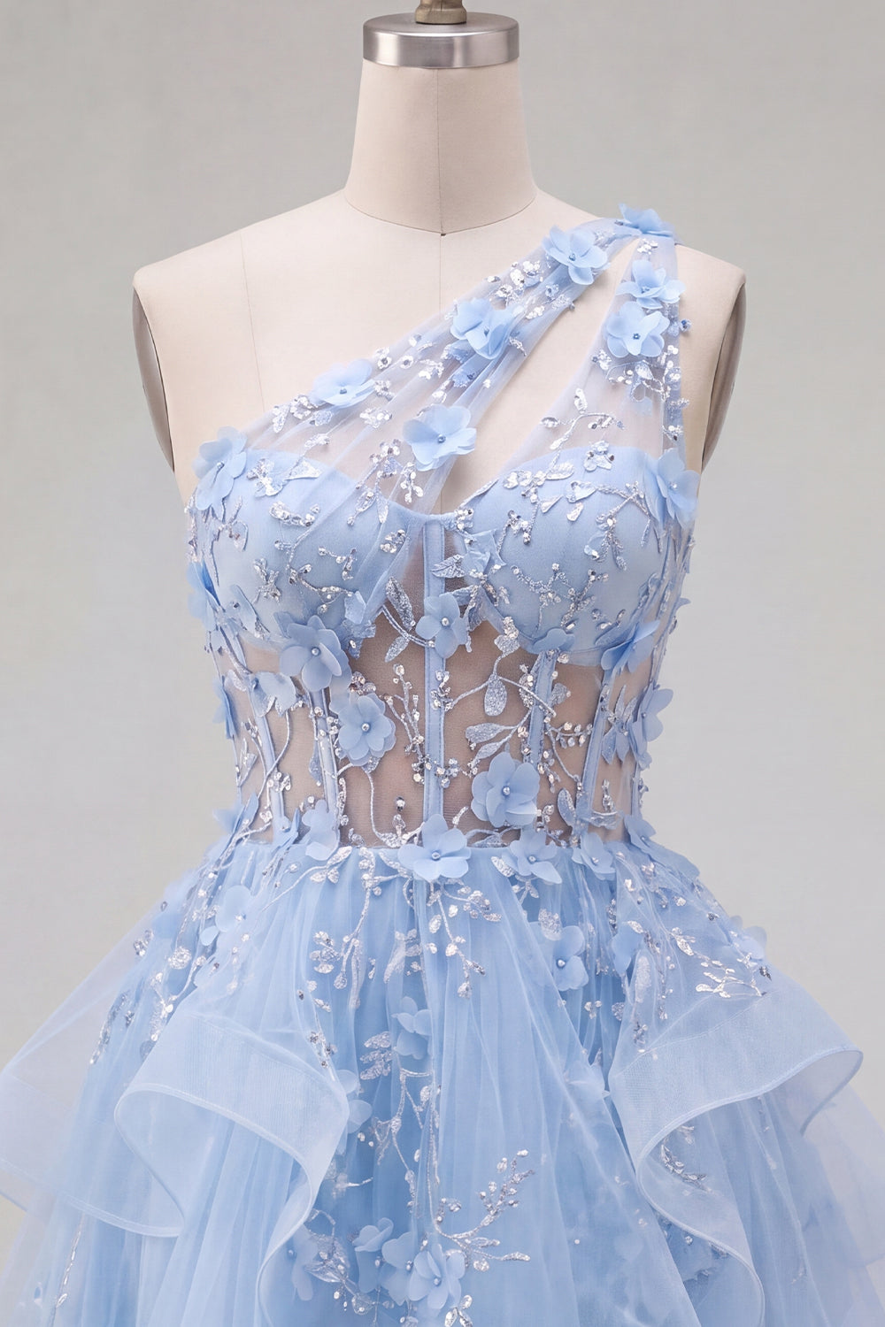 Sparkly Blue Keyhole Beaded Short Corset Floral A Line Homecoming Dress with Ruffles