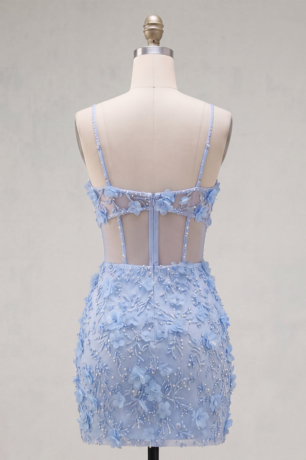 Sparkly Floral Blue Tight Corset Short Cut Out Beaded Homecoming Dress with Slit