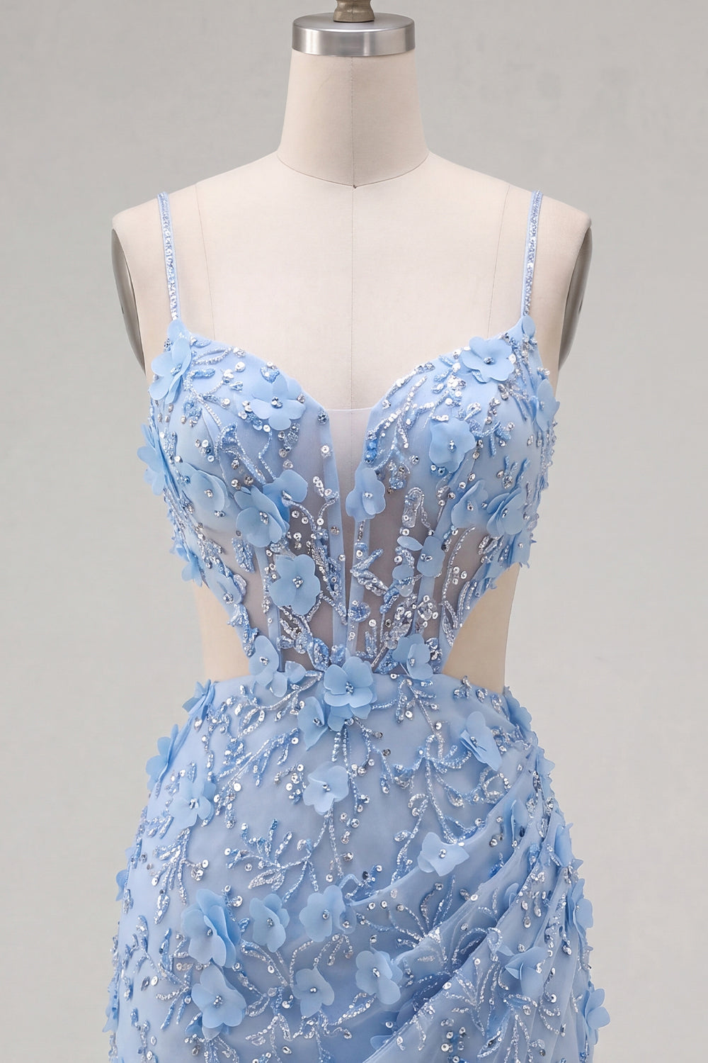 Sparkly Floral Blue Tight Corset Short Cut Out Beaded Homecoming Dress with Slit