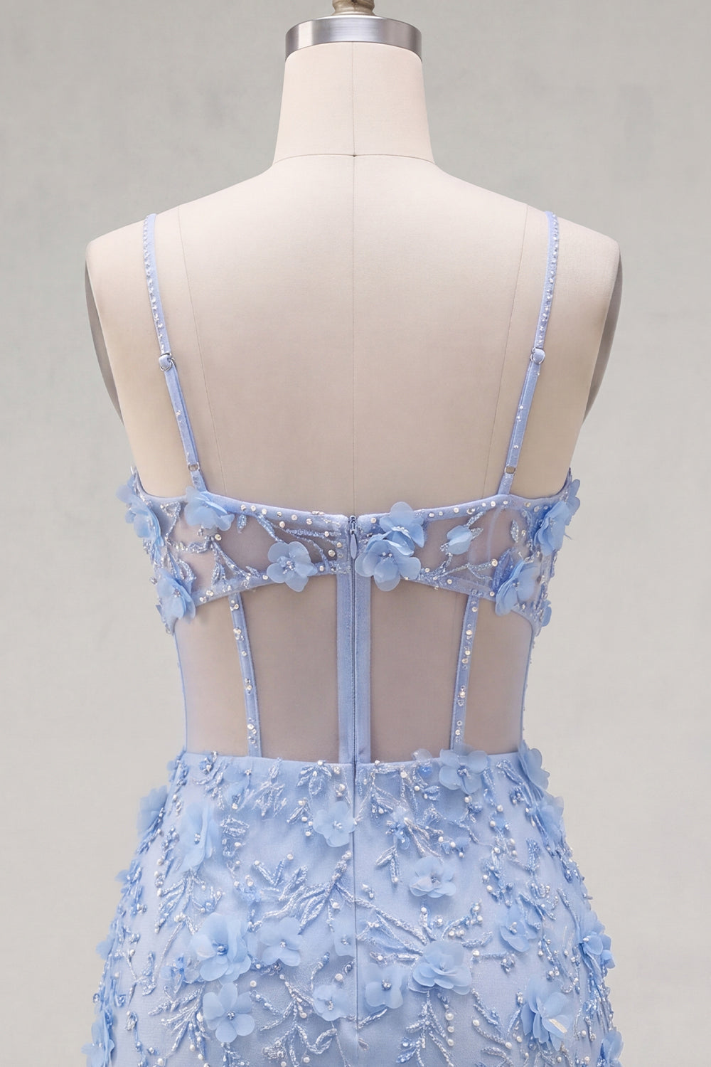 Sparkly Floral Blue Tight Corset Short Cut Out Beaded Homecoming Dress with Slit