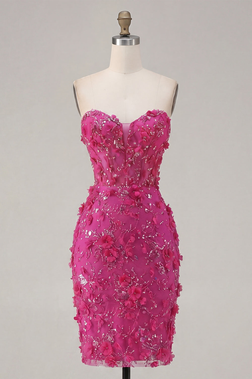 Sparkly Fuchsia Floral Sweetheart Tight Short Corset Homecoming Dress with Beading