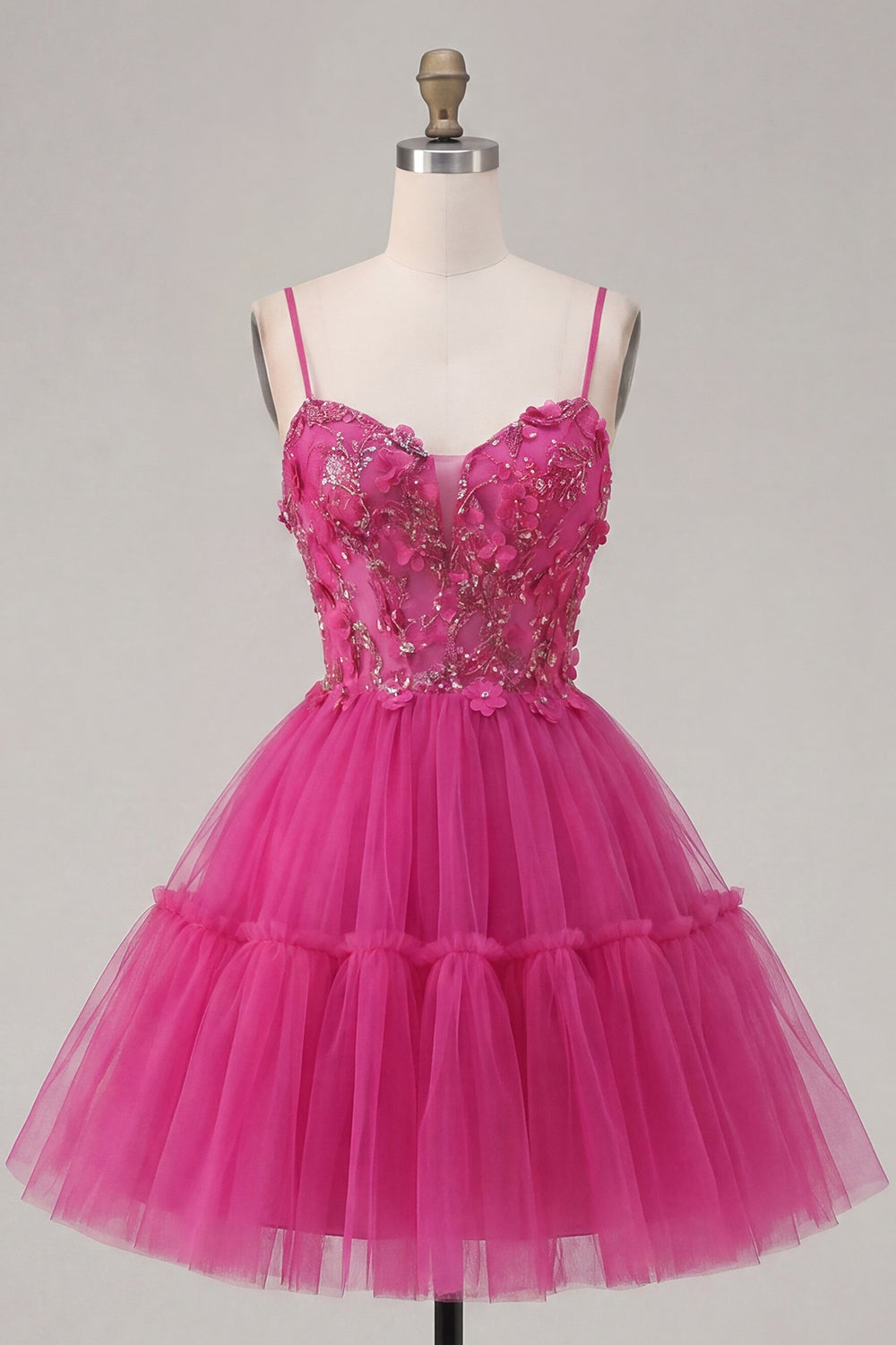 Sparkly Fuchsia A Line Floral Beaded Corset Short Spaghetti Straps Homecoming Dress