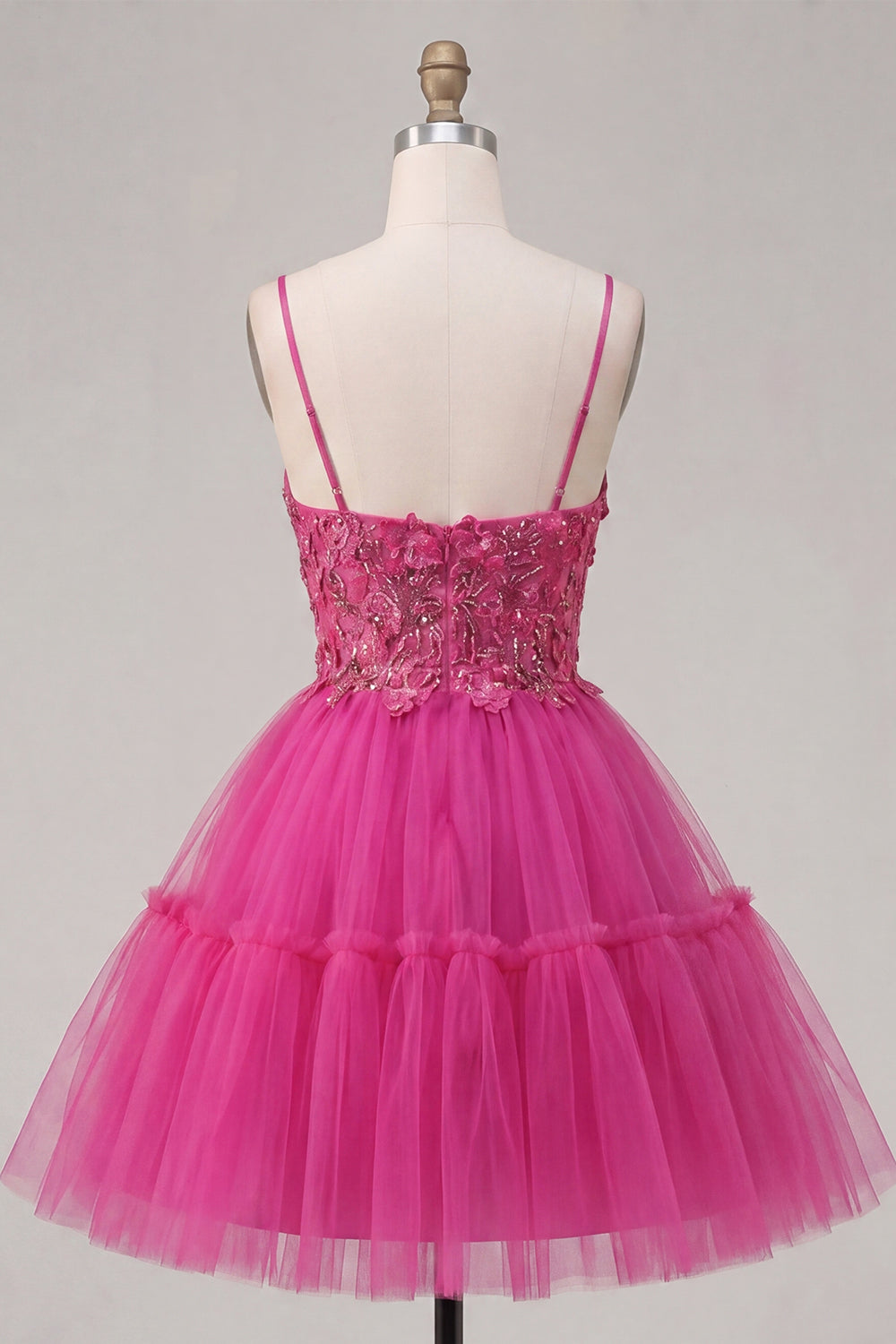Sparkly Fuchsia A Line Floral Beaded Corset Short Spaghetti Straps Homecoming Dress