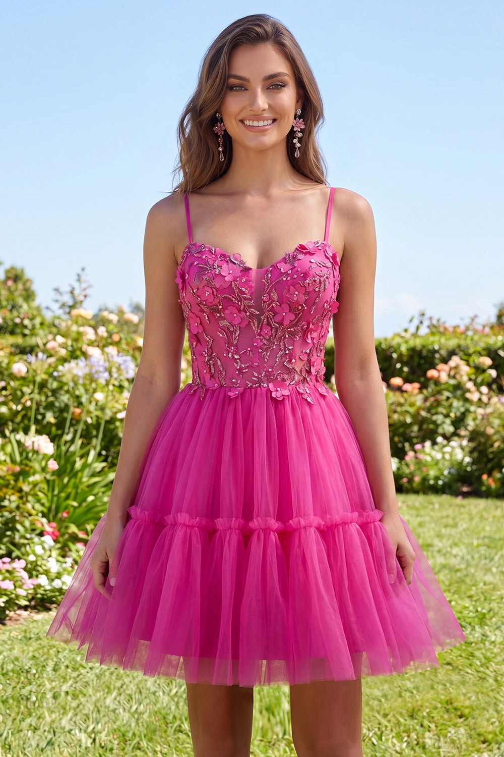 Sparkly Fuchsia A Line Floral Beaded Corset Short Spaghetti Straps Homecoming Dress