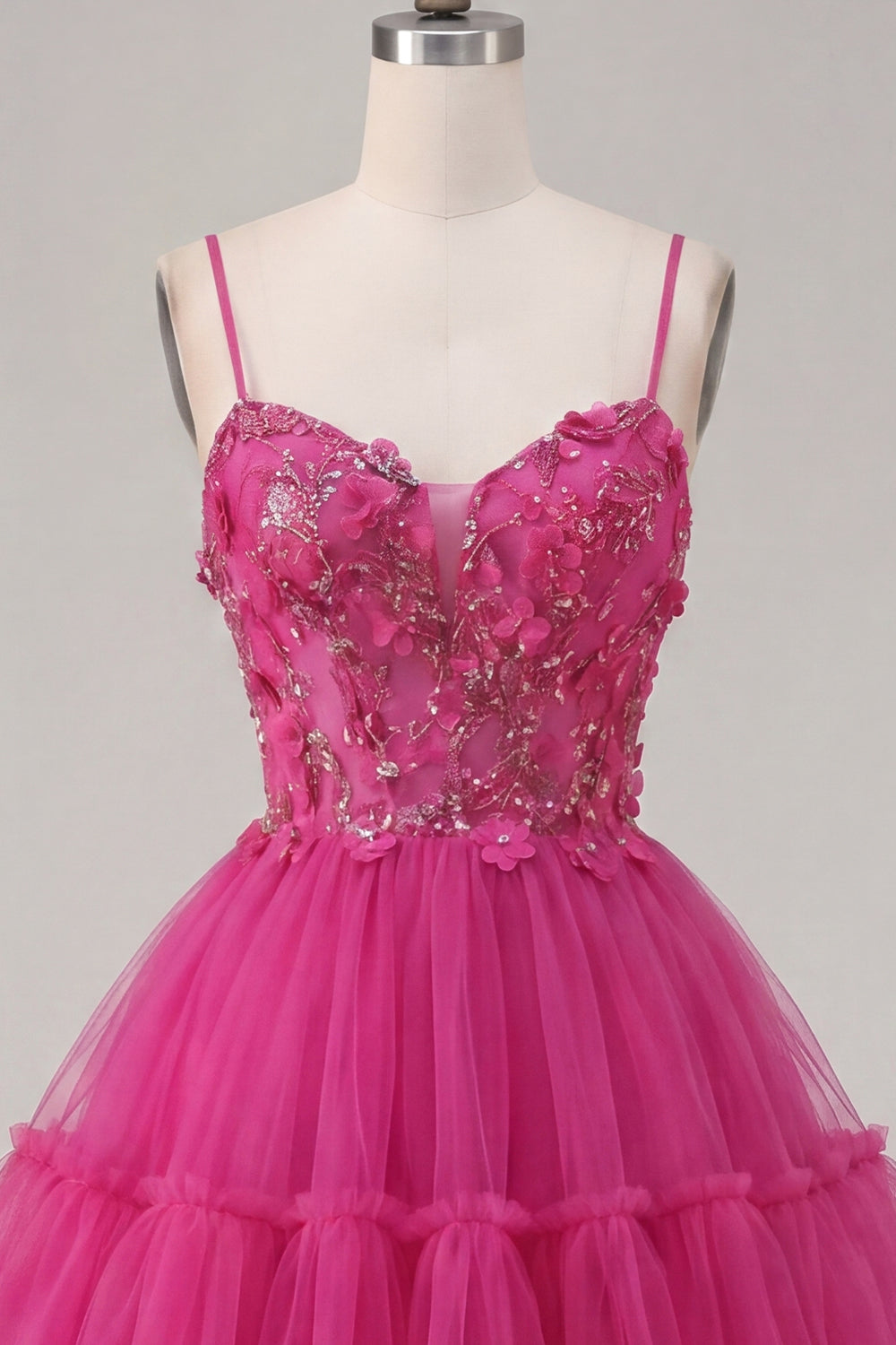 Sparkly Fuchsia A Line Floral Beaded Corset Short Spaghetti Straps Homecoming Dress