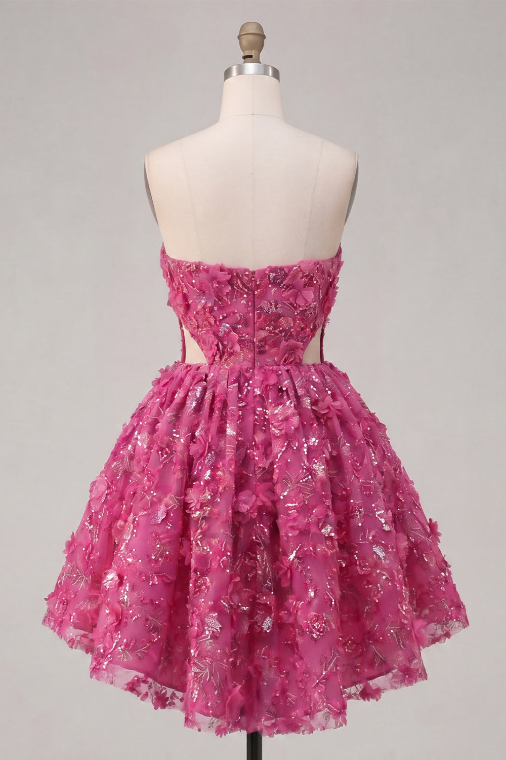 Sparkly Fuchsia A Line Cut Out Floral Beaded Short Corset Homecoming Dress