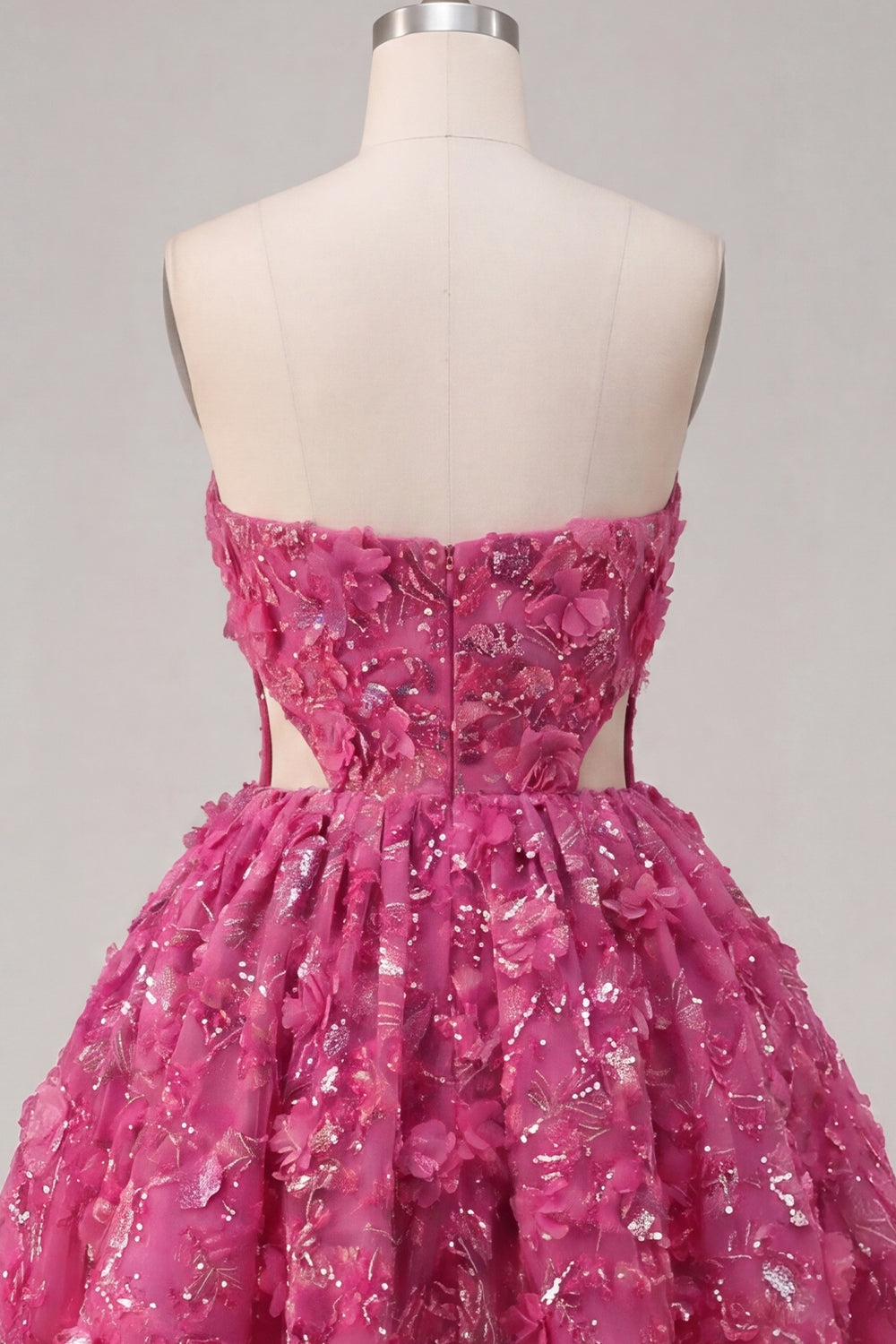 Sparkly Fuchsia A Line Cut Out Floral Beaded Short Corset Homecoming Dress