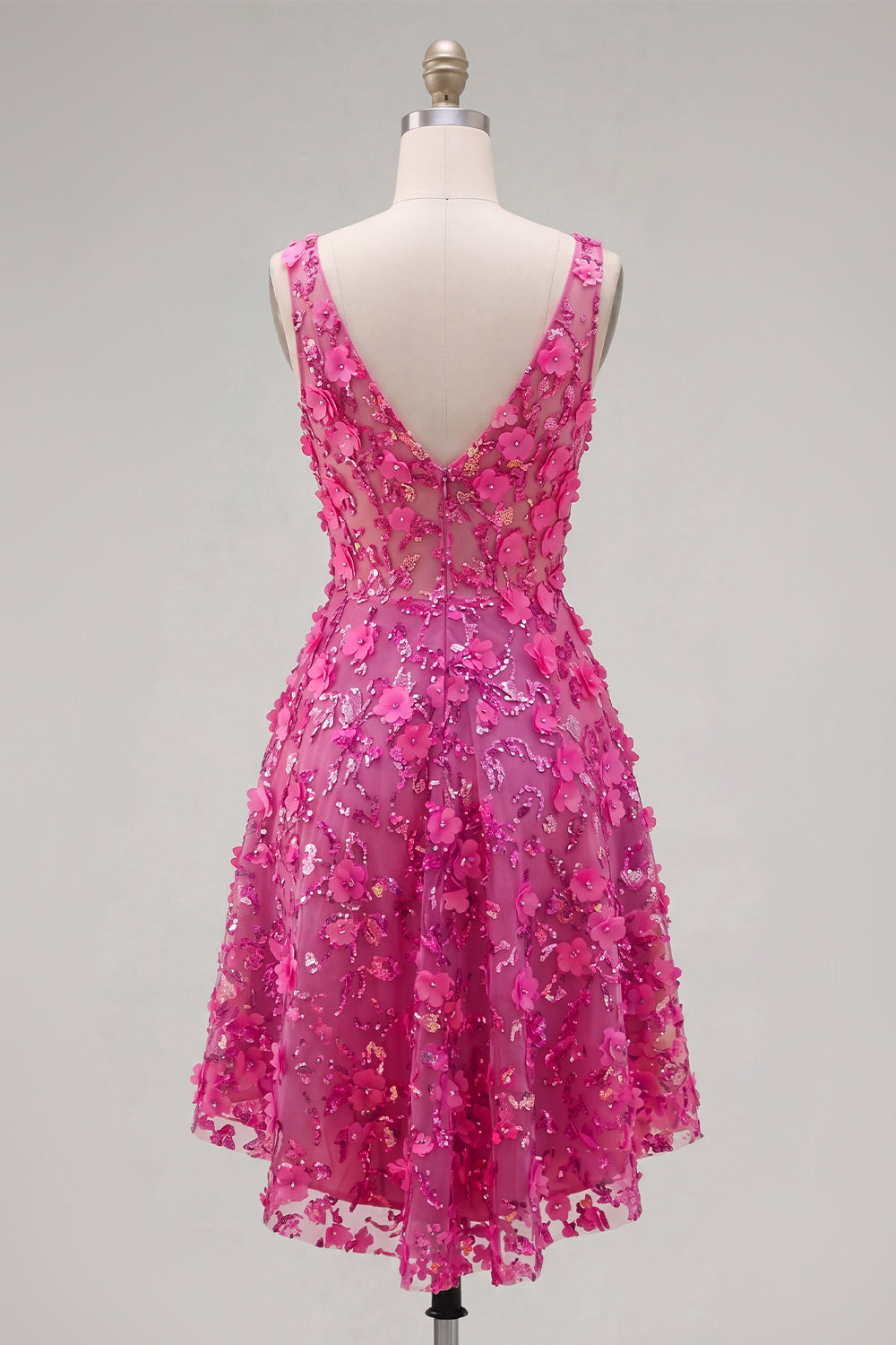 Sparkly Fuchsia Floral Beaded High Low A Line Homecoming Dress