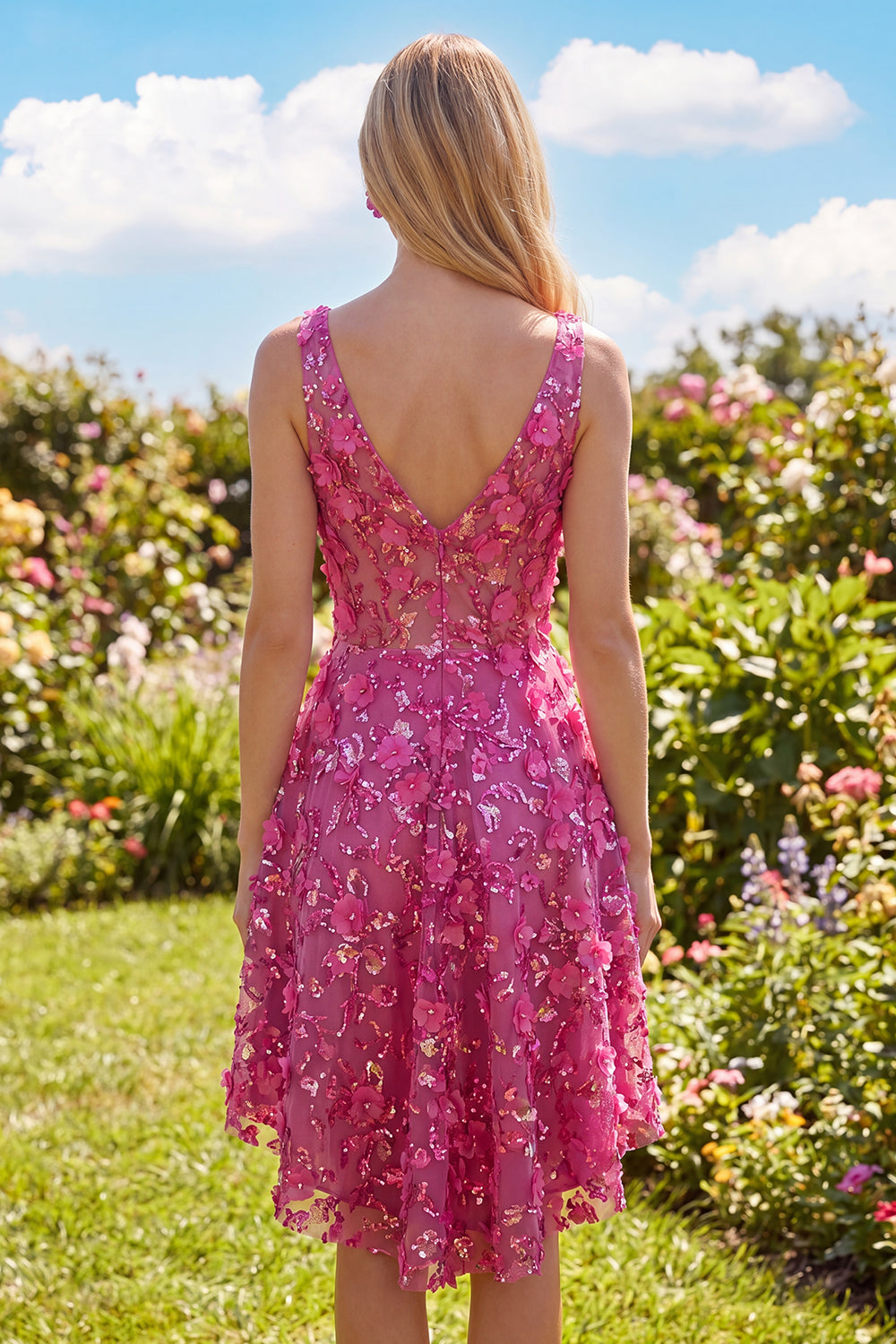 Sparkly Fuchsia Floral Beaded High Low A Line Homecoming Dress