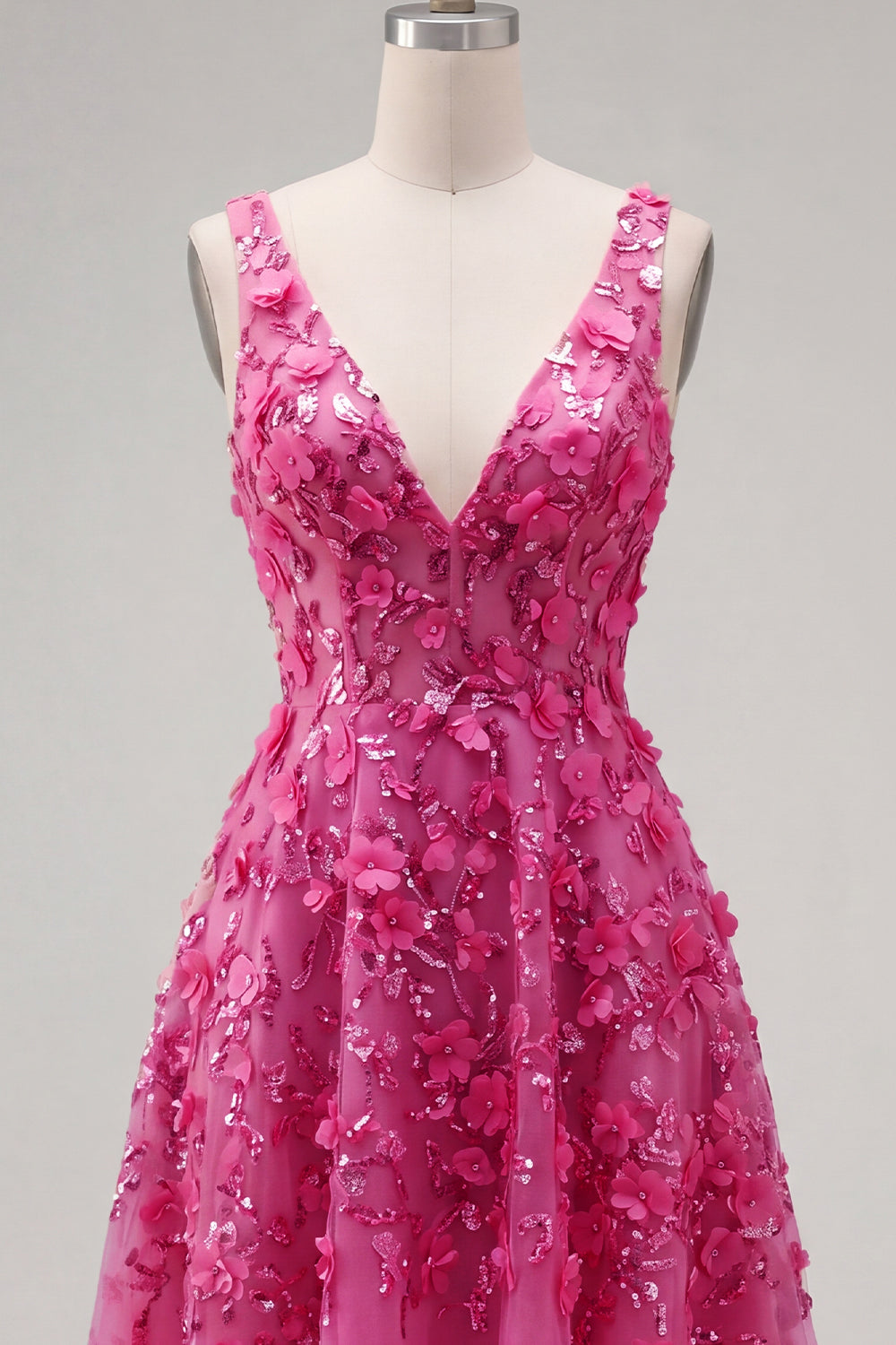 Sparkly Fuchsia Floral Beaded High Low A Line Homecoming Dress