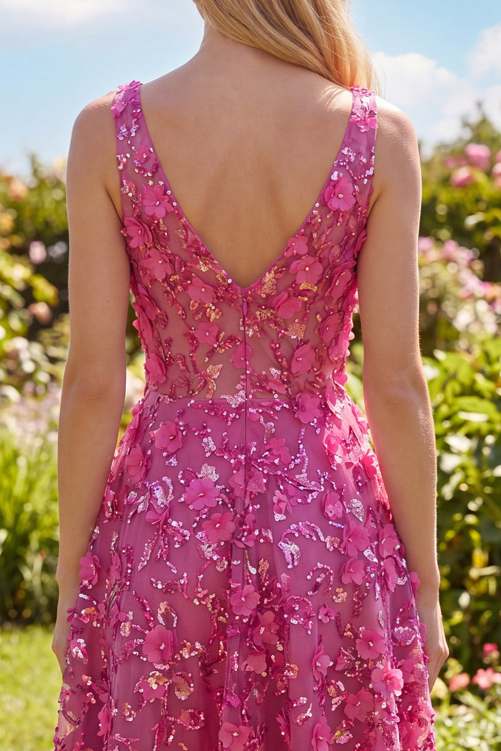 Sparkly Fuchsia Floral Beaded High Low A Line Homecoming Dress