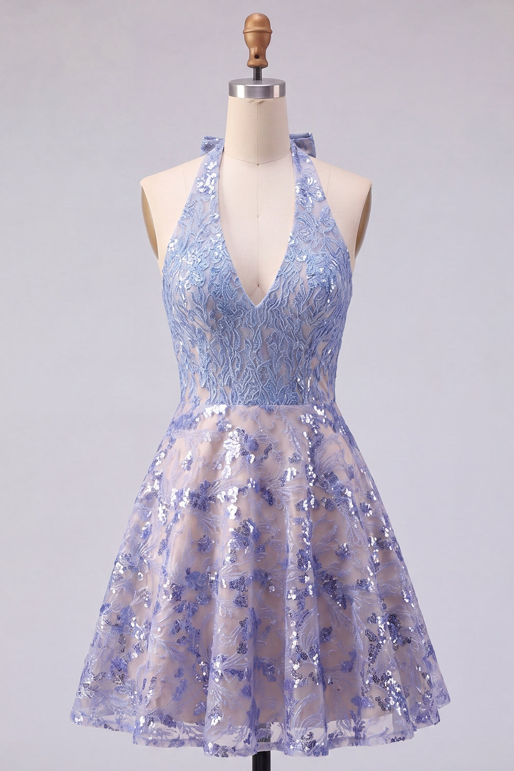 Sparkly Grey Blue Short Beaded Halter A Line Homecoming Dress with Bow