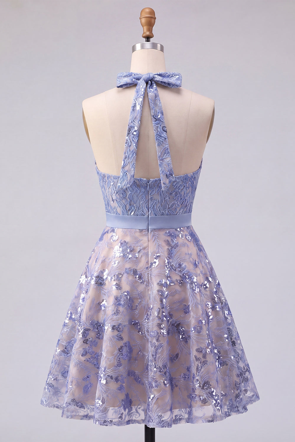 Sparkly Grey Blue Short Beaded Halter A Line Homecoming Dress with Bow