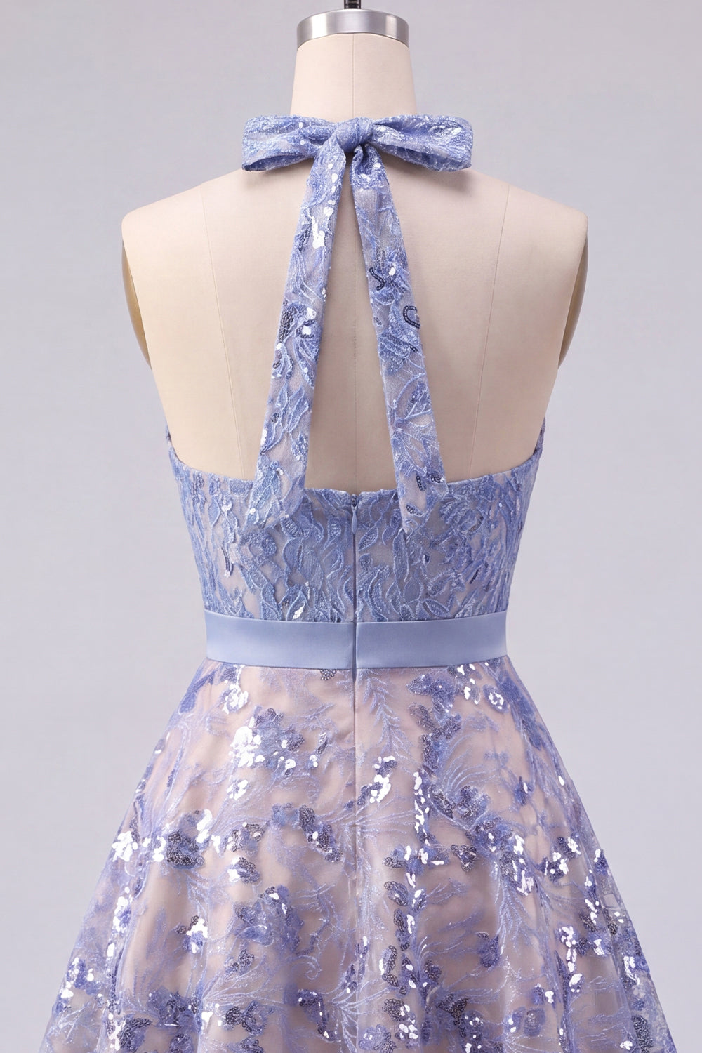 Sparkly Grey Blue Short Beaded Halter A Line Homecoming Dress with Bow