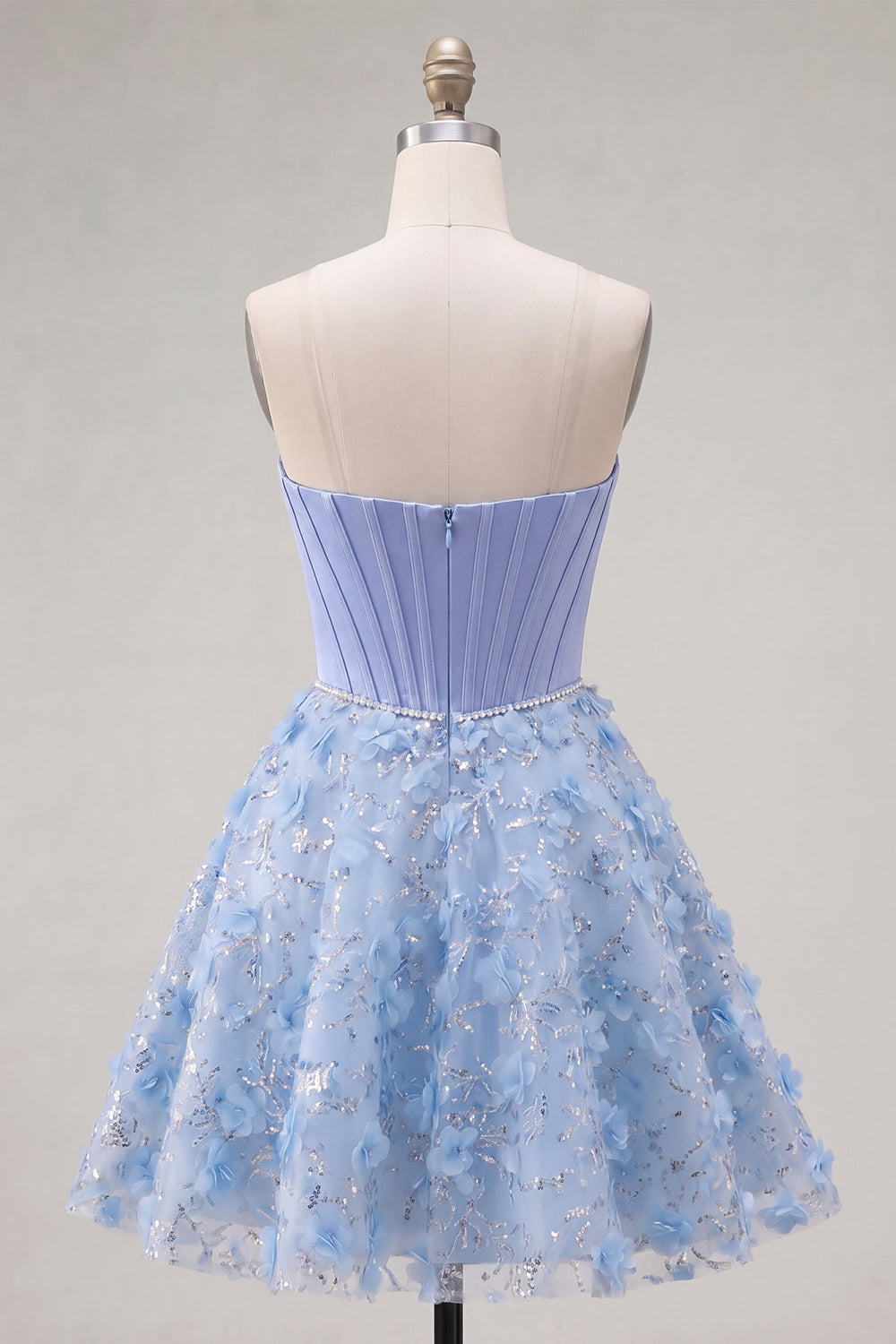 Sparkly Blue Corset A Line Floral Strapless Beaded Short Homecoming Dress