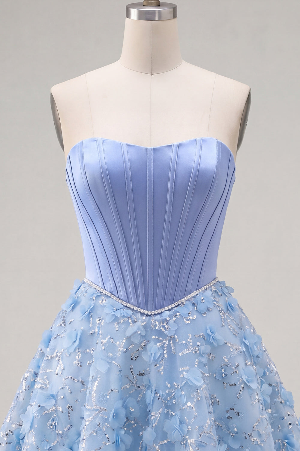 Sparkly Blue Corset A Line Floral Strapless Beaded Short Homecoming Dress