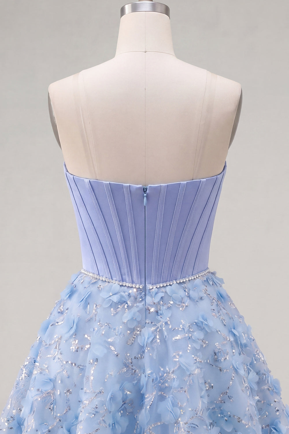 Sparkly Blue Corset A Line Floral Strapless Beaded Short Homecoming Dress