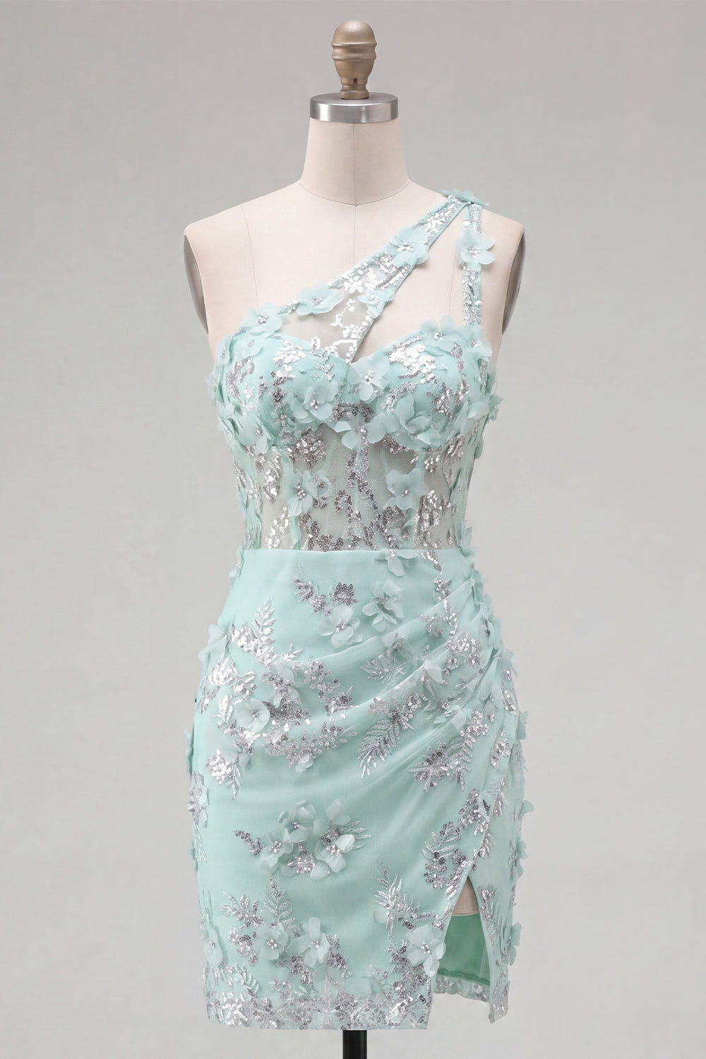 Sparkly Mint Corset Keyhole Beaded Tight Short Floral Homecoming Dress with Slit