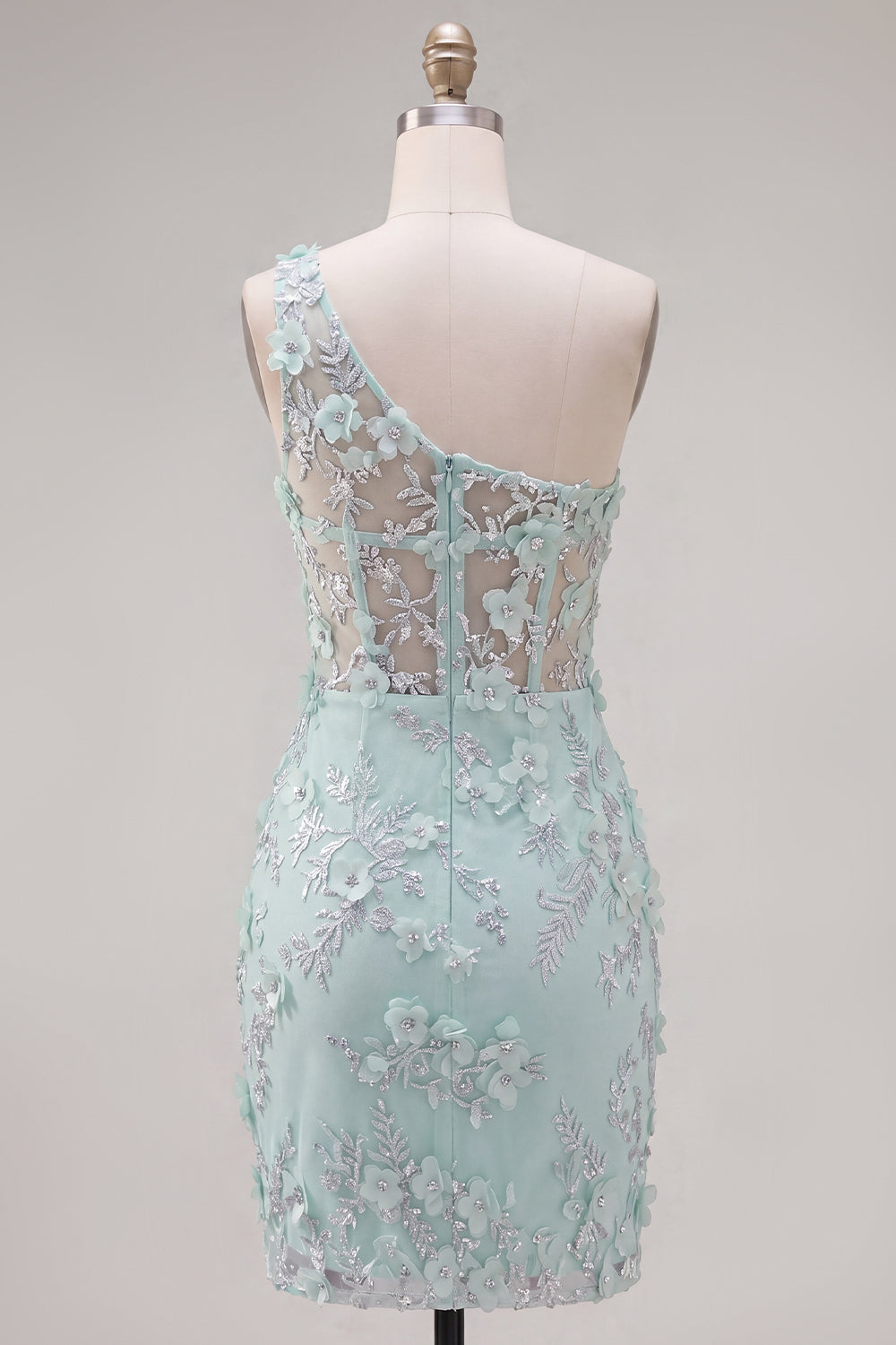 Sparkly Mint Corset Keyhole Beaded Tight Short Floral Homecoming Dress with Slit