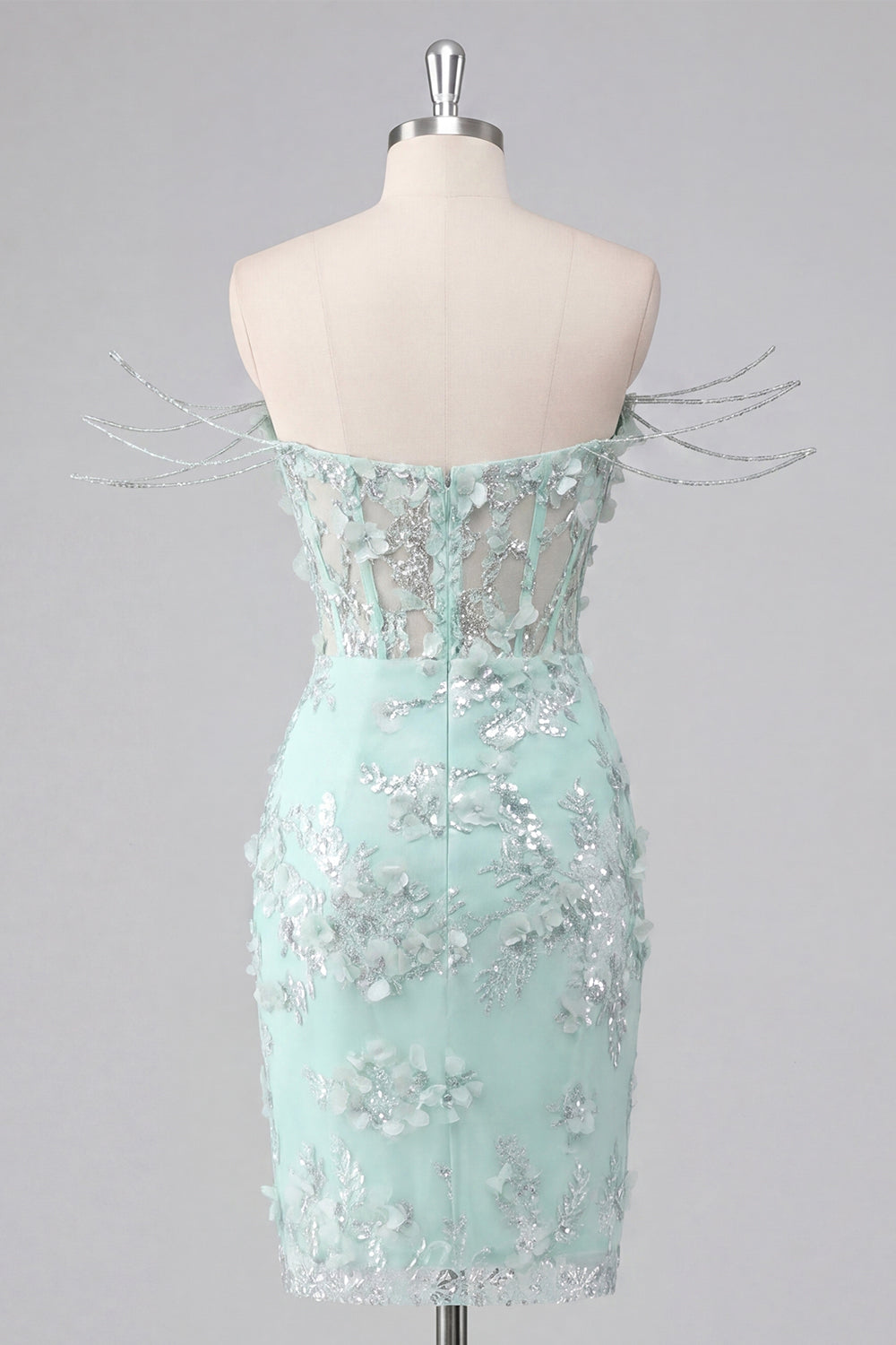 Sparkly Mint Ruched Beaded Tight Short Corset Floral Homecoming Dress with Slit