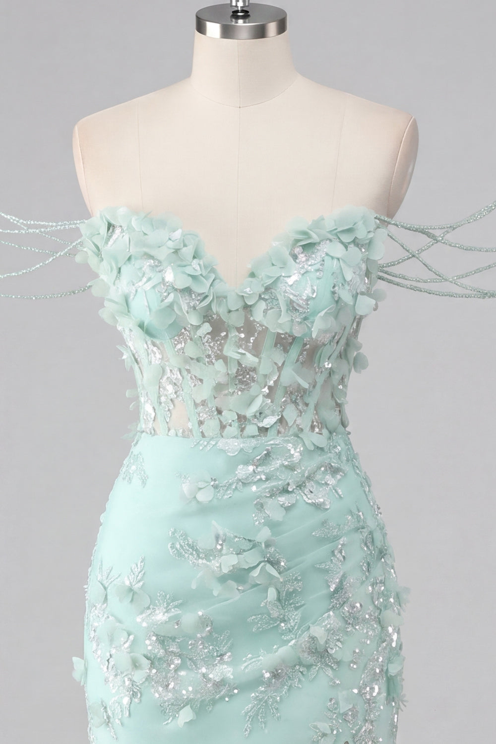 Sparkly Mint Ruched Beaded Tight Short Corset Floral Homecoming Dress with Slit