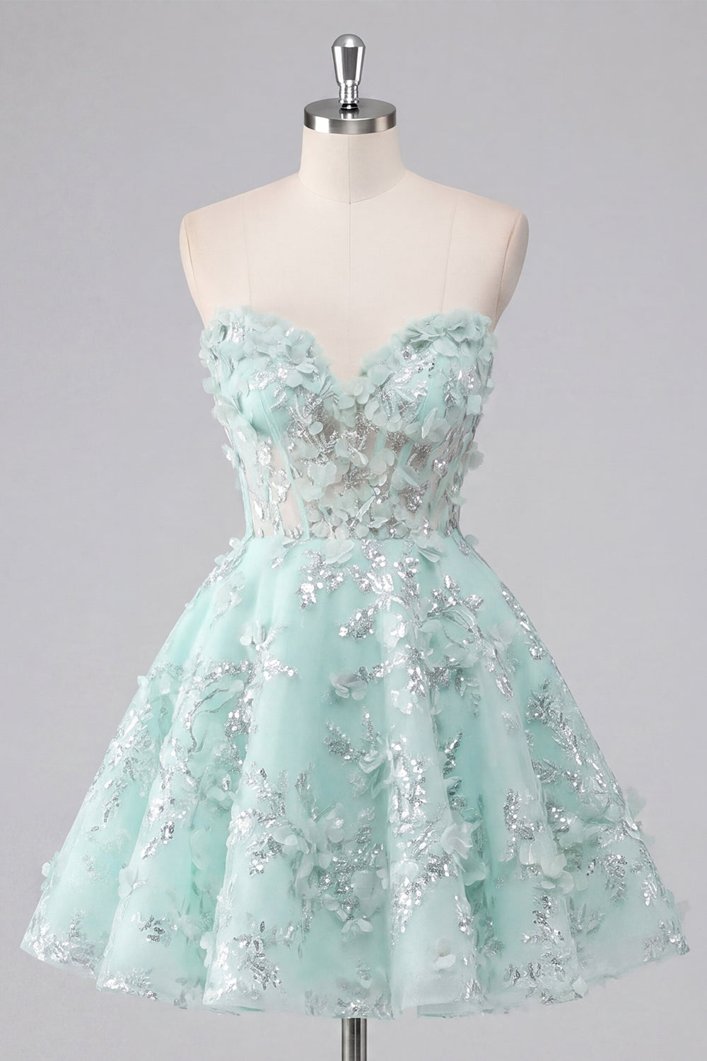 Sparkly Mint Floral Sweetheart A Line Corset Short Beaded Homecoming Dress