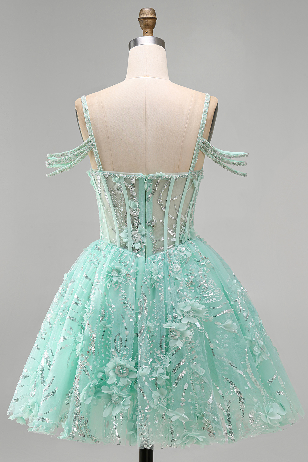 Sparkly Mint Cold Shoulder Floral Corset Short A Line Beaded Homecoming Dress