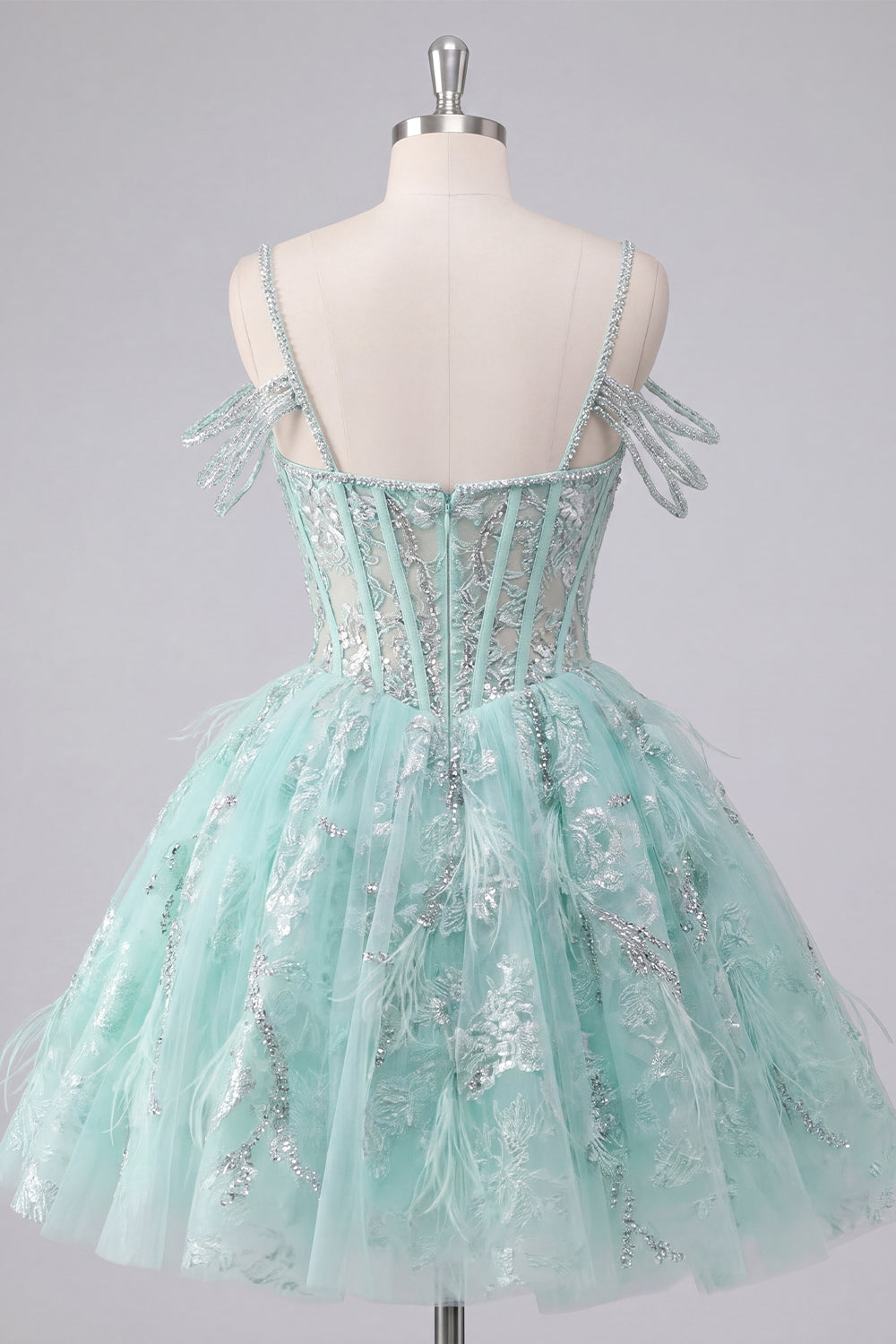 Sparkly Mint Cold Shoulder Floral Corset Short A Line Beaded Homecoming Dress