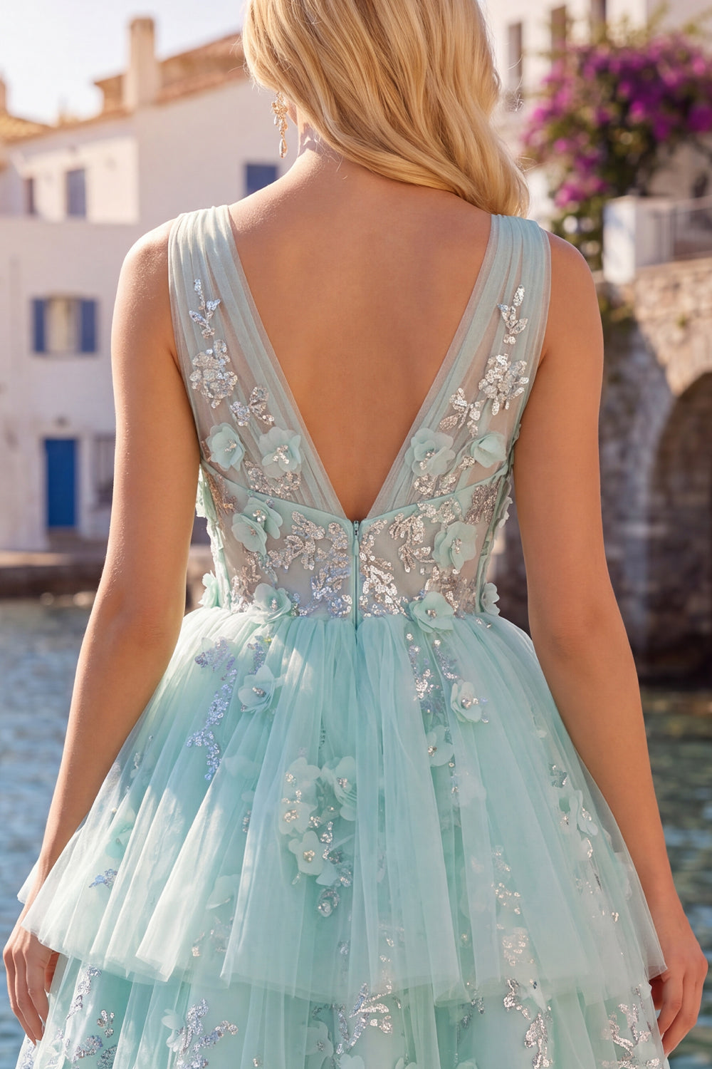 Sparkly Mint V-Neck Floral A Line Short Beaded Homecoming Dress with Ruffles