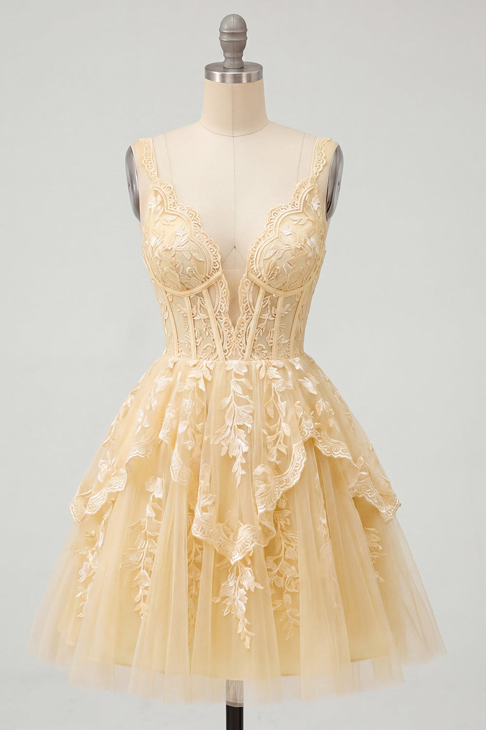 Yellow Lace Ruffled A Line V-Neck Butter Short Corset Homecoming Dress
