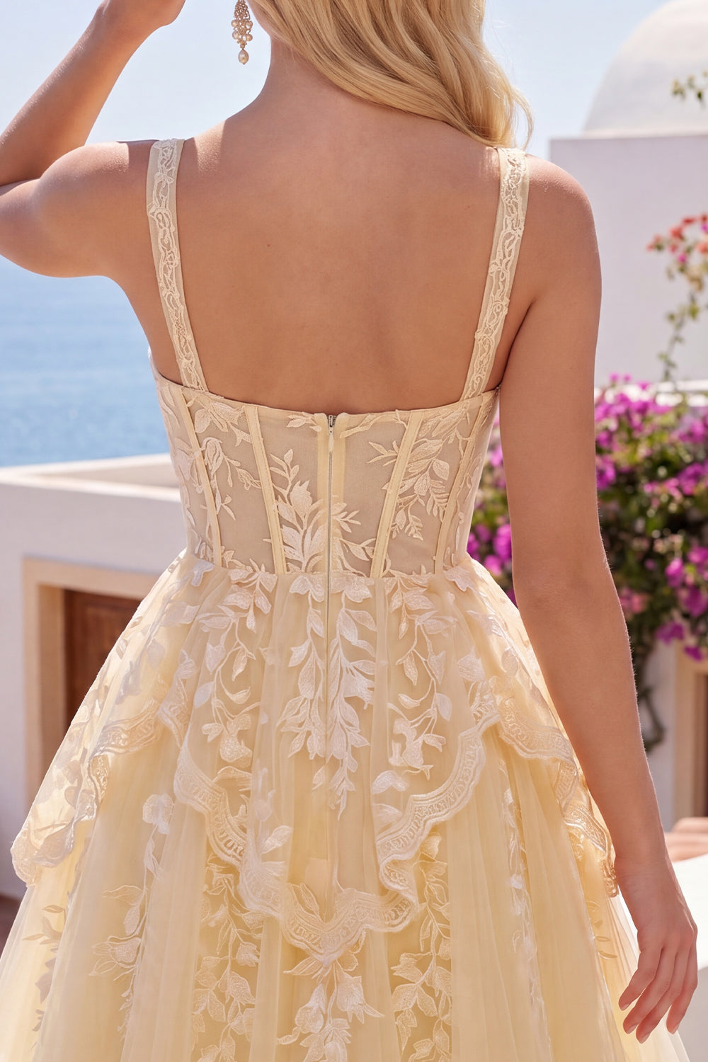 Yellow Lace Ruffled A Line V-Neck Butter Short Corset Homecoming Dress
