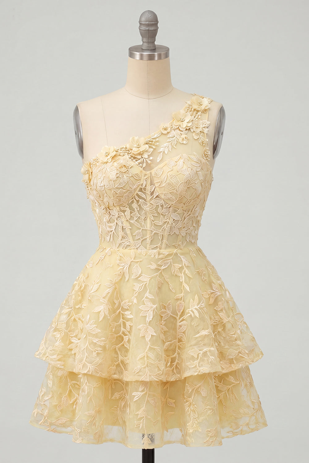 Lace Floral One Shoulder A Line Ruffled Butter Yellow Short Corset Homecoming Dress