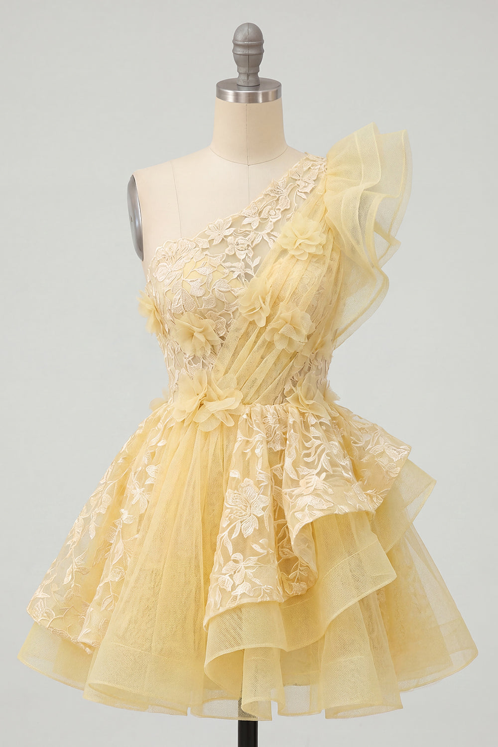 Yellow Lace Floral Ruffled One Shoulder A Line Butter Short Homecoming Dress