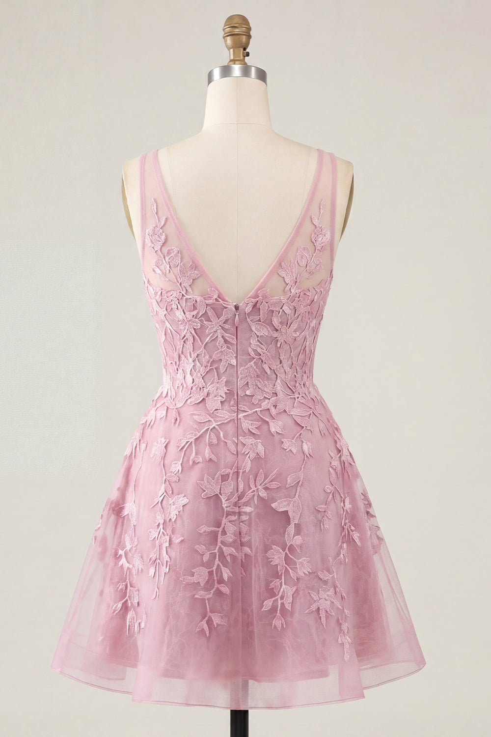 Pink A Line V-Neck Lace Appliqued Short Homecoming Dress