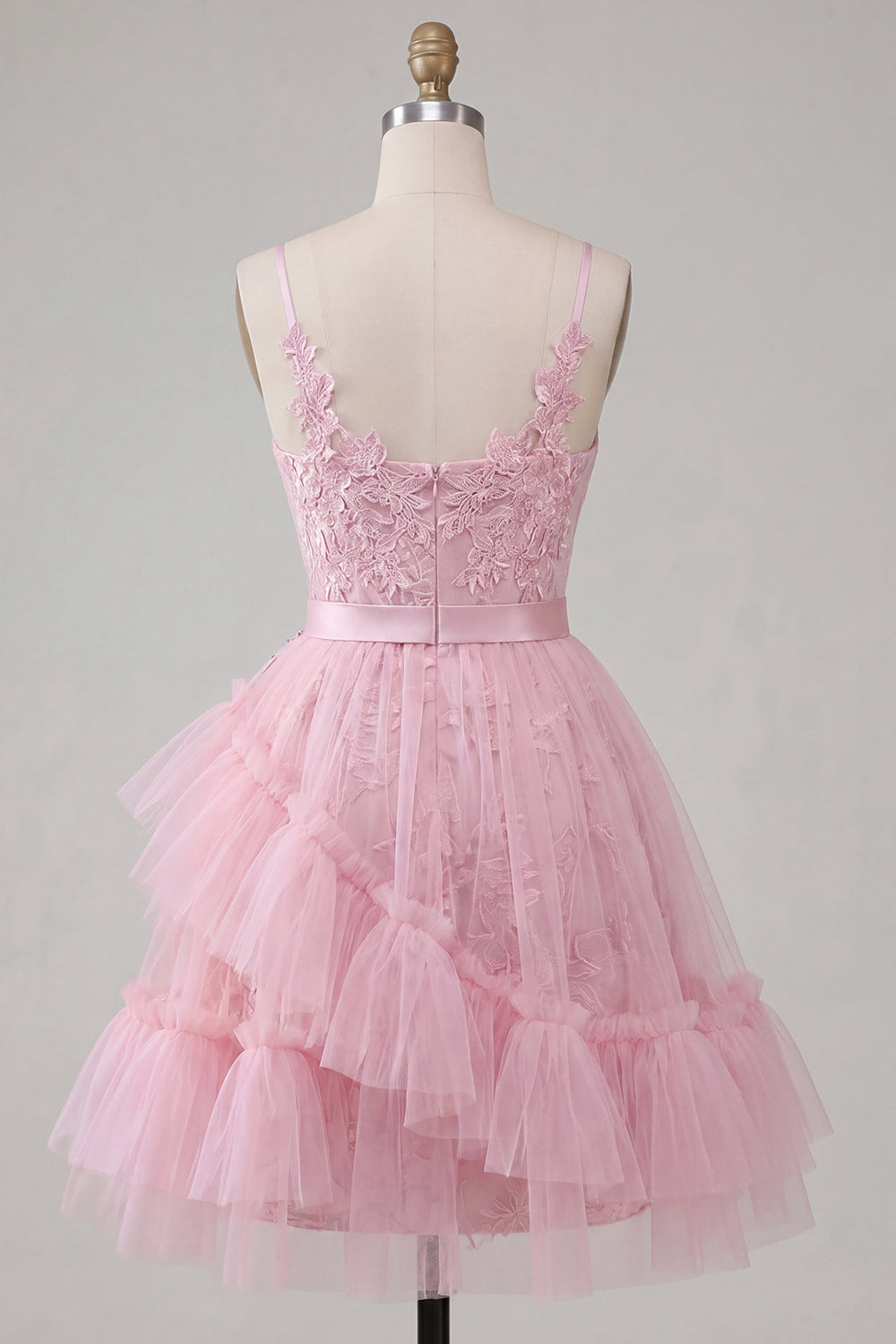Ruffled A Line Tulle Floral Spaghetti Straps Pink Short Homecoming Dress
