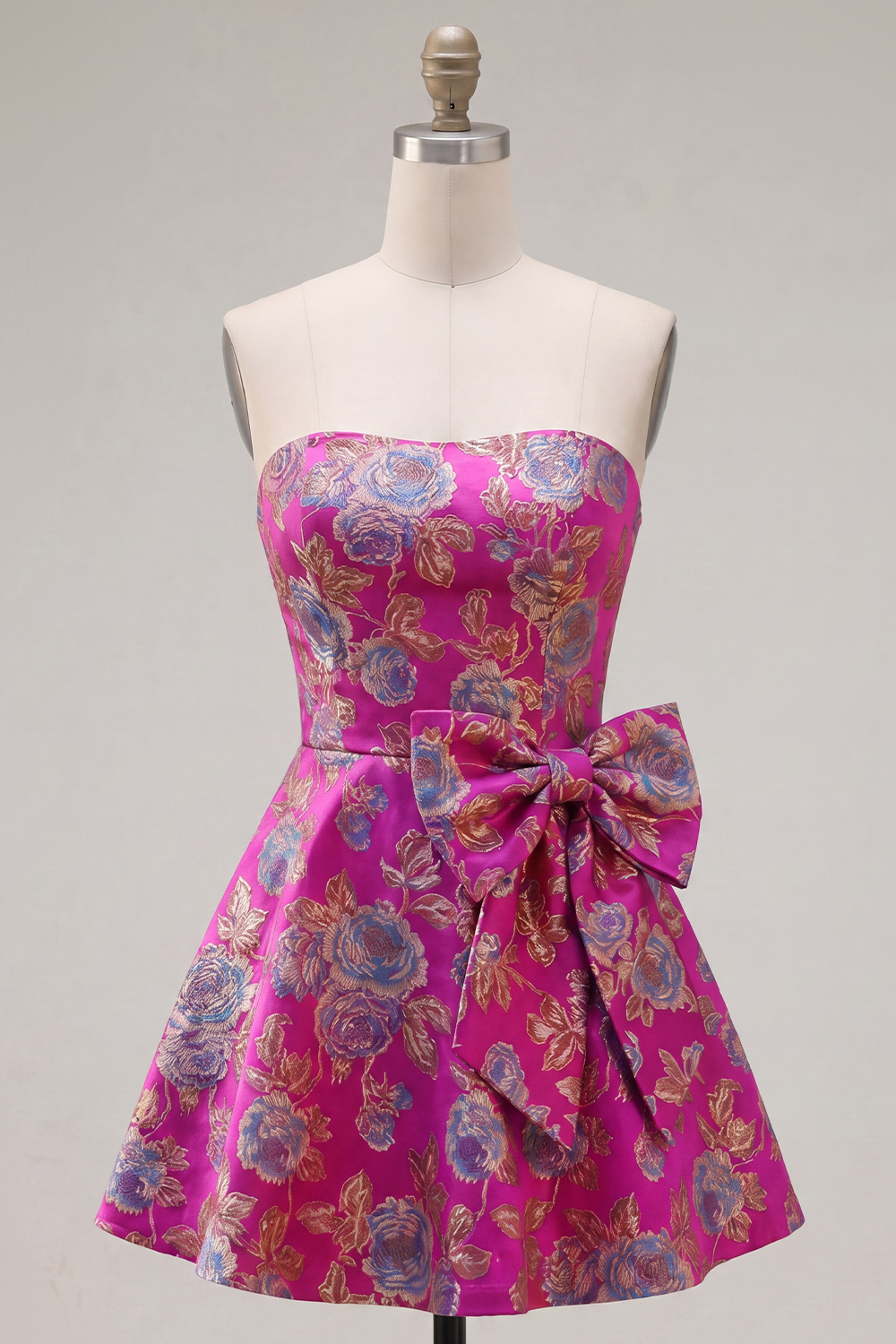 Fuchsia Strapless A Line Floral Short Homecoming Dress with Bow