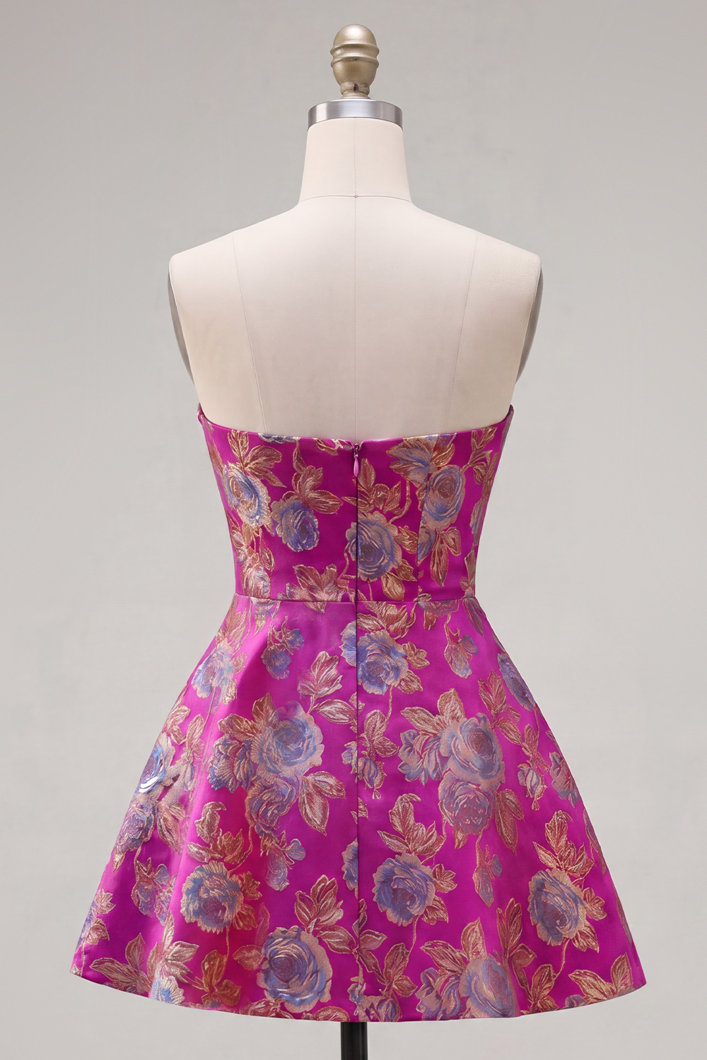 Fuchsia Strapless A Line Floral Short Homecoming Dress with Bow