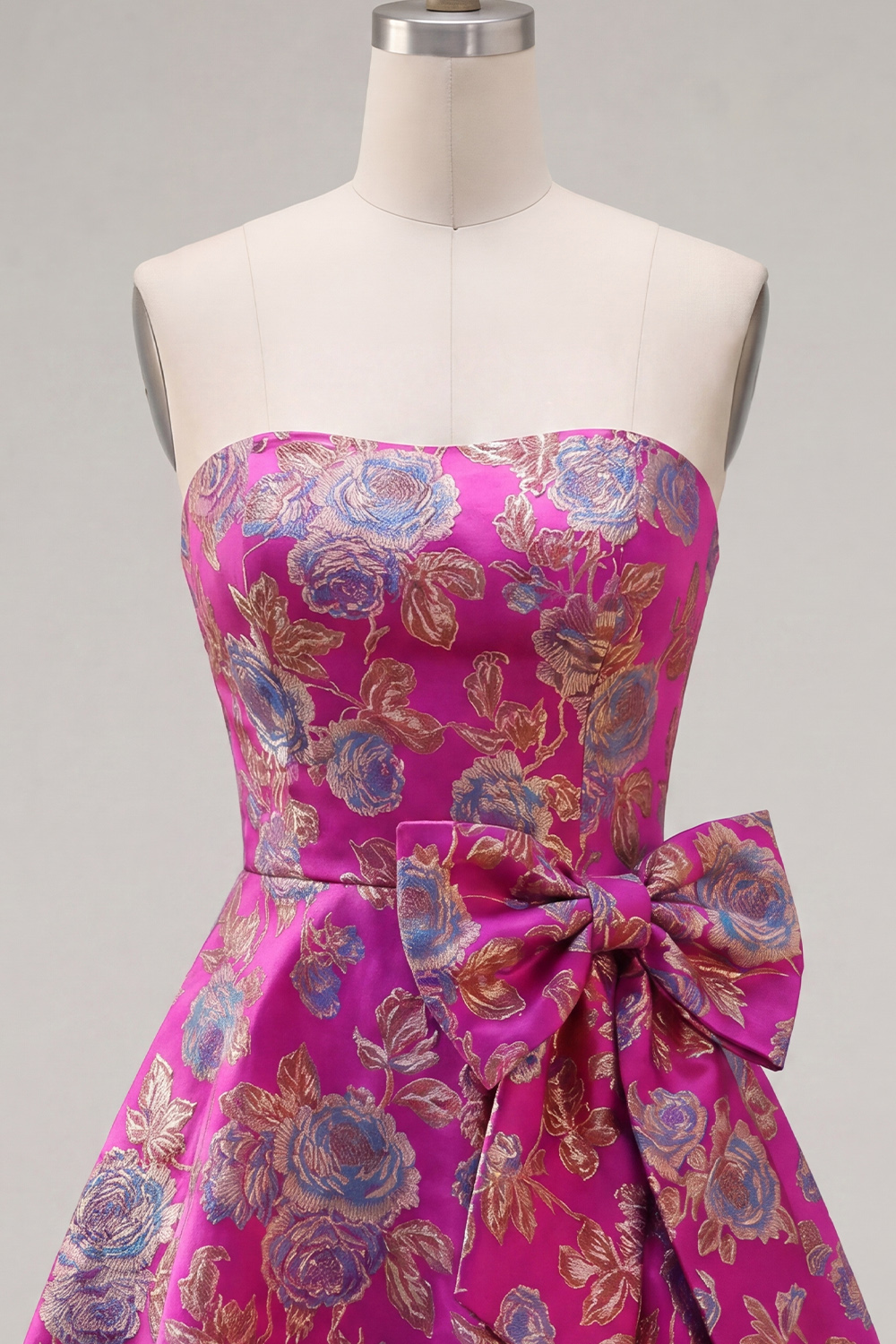 Fuchsia Strapless A Line Floral Short Homecoming Dress with Bow