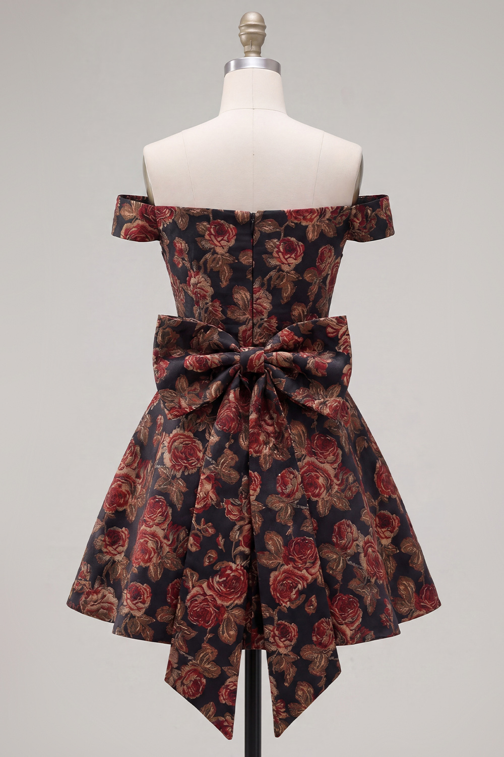 Black Off the Shoulder A Line Floral Short Homecoming Dress with Bow